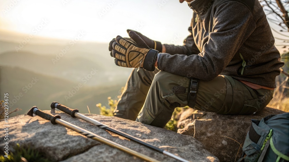 Hiker resting on a boulder, wearing gloves, with trekking poles nearby at sunset Hiker resting on a boulder, wearing gloves, with trekking poles nearby at sunset