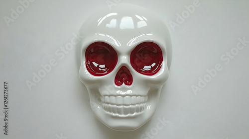 Decorative white skull with red eyes on a plain background, possible use for Halloween or art display photo