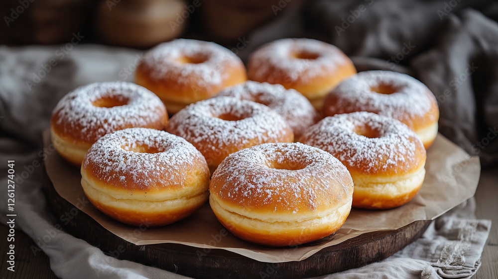 Delightful Polish doughnuts dusted with sugar ready for enjoyment Delightful Polish doughnuts dusted with sugar ready for enjoyment