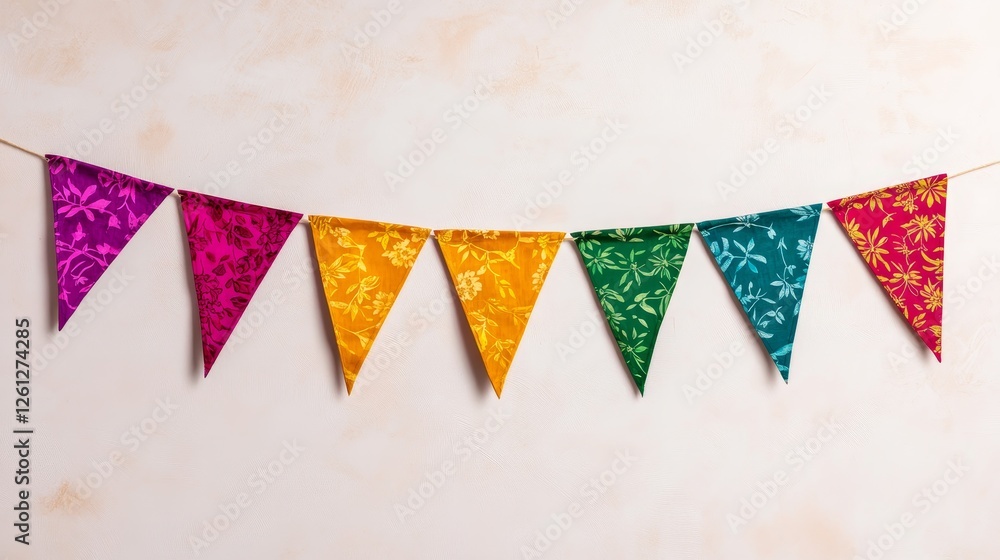Fototapeta premium Colorful Floral Bunting Banner for Festive Decoration - Vibrant triangular flags, floral patterns, festive celebration, joyful mood, summer party