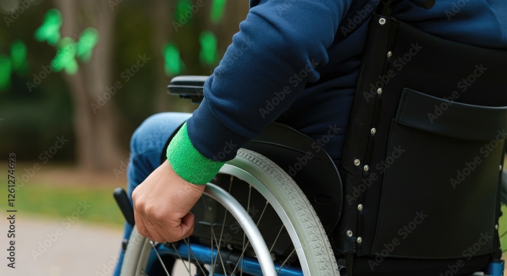 Obraz premium Close-up of person in wheelchair with green bracelet outdoors