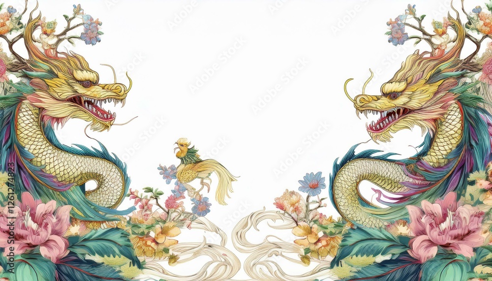 Obraz premium border frame of dragons and phoenix seamless pattern of classical chinese art background with copy space