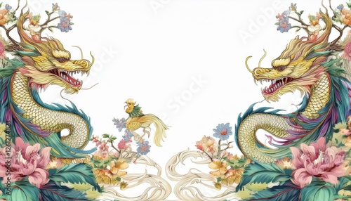 Wallpaper Mural border frame of dragons and phoenix seamless pattern of classical chinese art background with copy space Torontodigital.ca