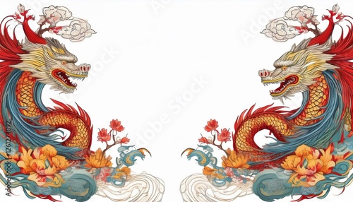 Wallpaper Mural border frame of dragons and phoenix seamless pattern of classical chinese art background with copy space Torontodigital.ca
