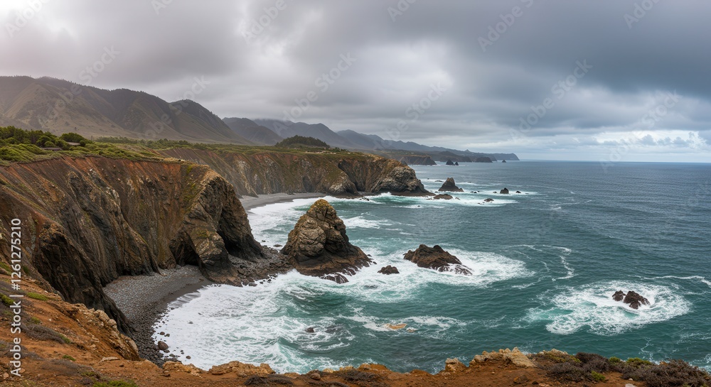 Coastal Cliffs Overlook Ocean Waves on Overcast Day Scenic Landscape Coastal Cliffs Overlook Ocean Waves on Overcast Day Scenic Landscape