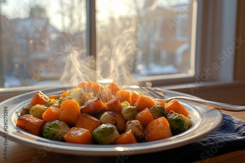 Roasted vegetables steaming, winter sunlit window, cozy home photo
