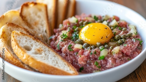 Wallpaper Mural Deliciously crafted beef tartare with fresh seasonings and crispy baguette slices served in a stylish setting Torontodigital.ca
