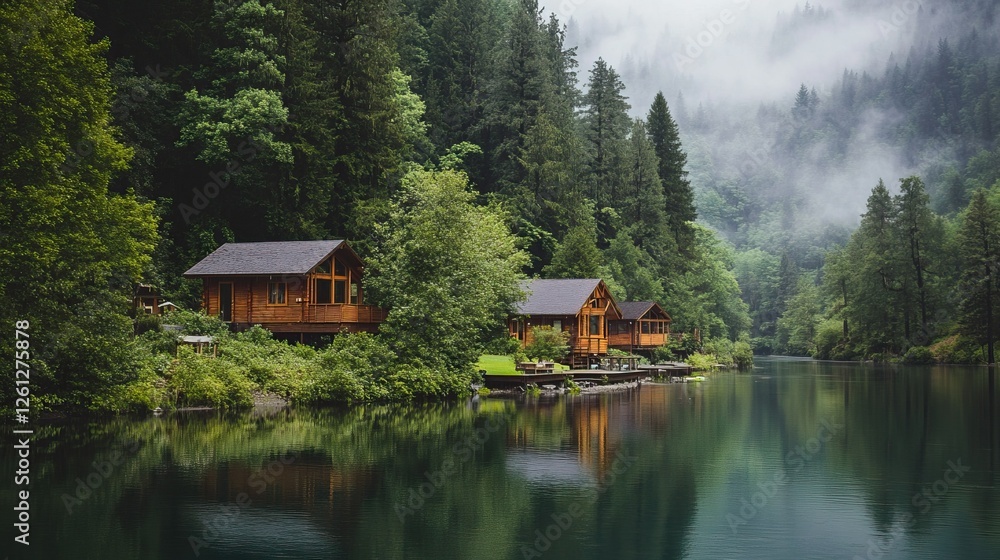 Fototapeta premium Cabins and forest by river