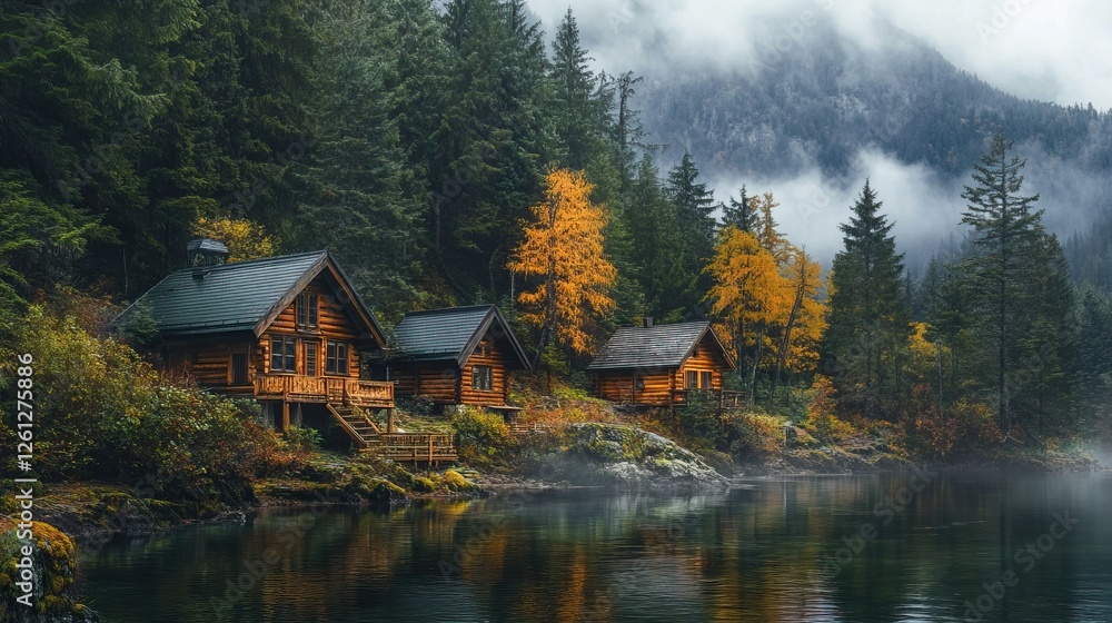 Fototapeta premium Cabins and forest by river