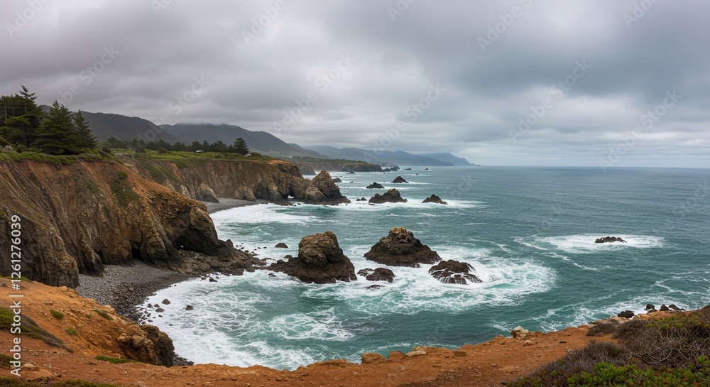 Coastal Cliffside Scenery with Crashing Waves and Dramatic Sky Landscape Coastal Cliffside Scenery with Crashing Waves and Dramatic Sky Landscape