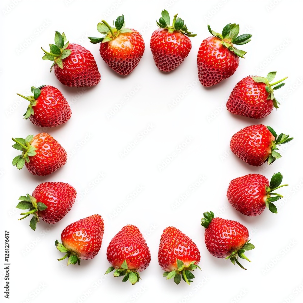 A creative circular pattern of strawberries, their textures and seeds clearly visible, isolated on white A creative circular pattern of strawberries, their textures and seeds clearly visible, isolated on white