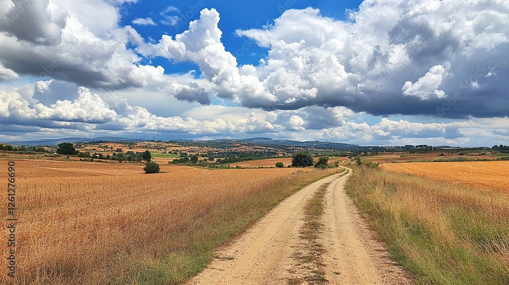 Fototapeta premium Country road and fields under clouds