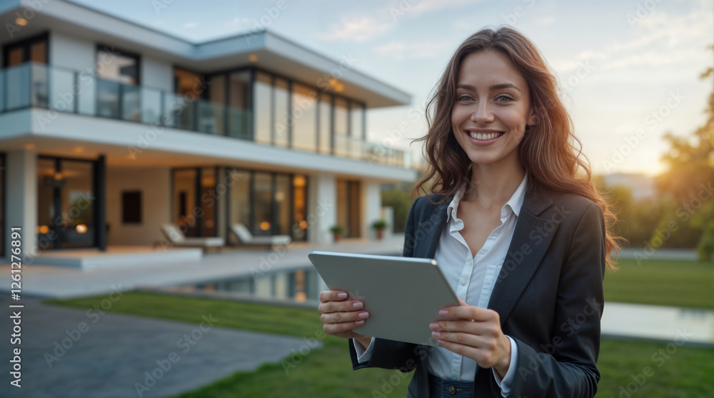 A woman realtor in a suit holding a tablet in front of a large house. She is smiling and she is happy. A woman realtor in a suit holding a tablet in front of a large house. She is smiling and she is happy.