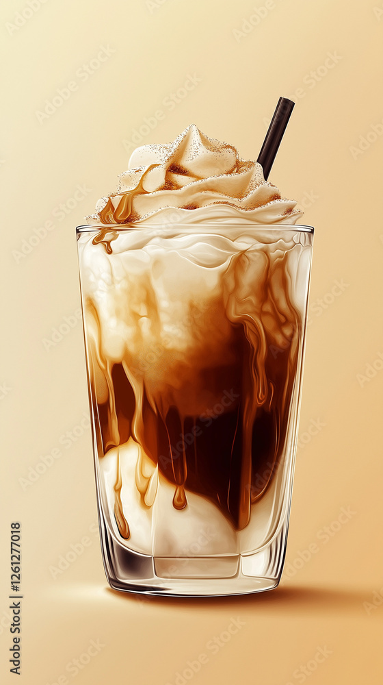 Affogato in a glass with straw and text space