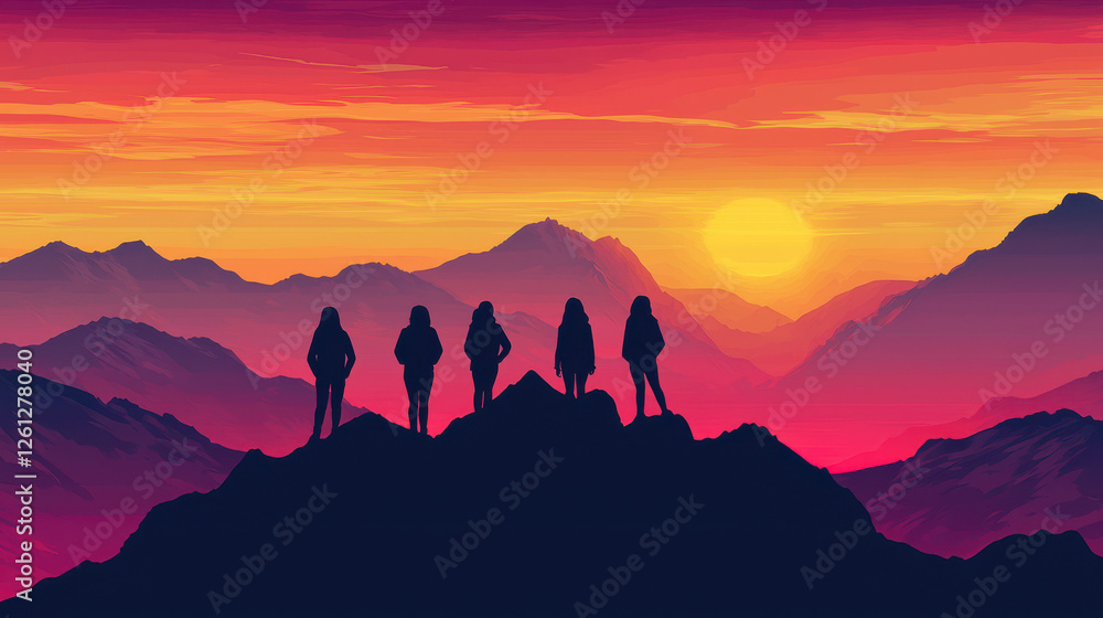 Fototapeta premium Inspirational Women's History Month scene with sunrise and women on peak