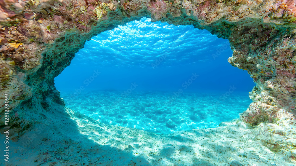 Naklejka premium Underwater cave reveals ocean floor, sunlight filters through, tranquil scene, ideal for travel brochures