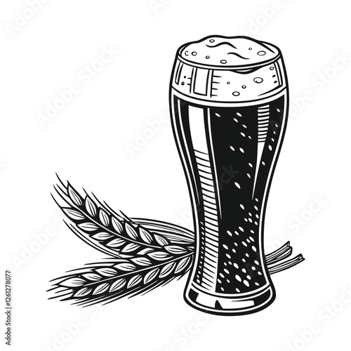 Beer glass vector illustration, hand drawn design, detailed line drawing, minimalist design, black and white illustration isolated on a white background