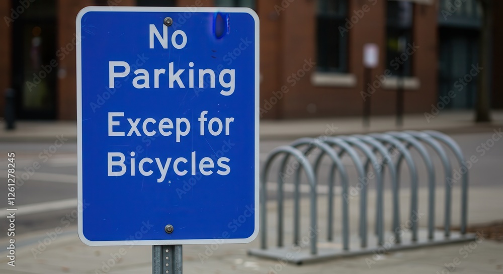 No Parking Except Bicycles Sign with Bike Rack Urban Setting No Parking Except Bicycles Sign with Bike Rack Urban Setting