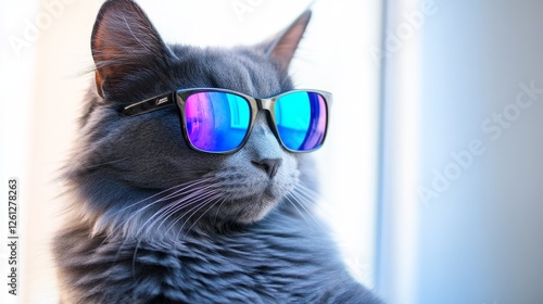 Cool Cat in Sunglasses - A stylish gray cat wearing vibrant sunglasses, symbolizing coolness, fun, feline fashion, summer vibes, and a playful attitude photo