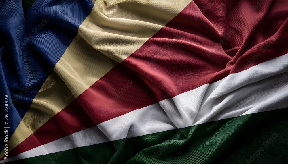 Vibrant Seychelles flag waving with luxurious satin texture - Patriotic and cultural symbol Vibrant Seychelles flag waving with luxurious satin texture - Patriotic and cultural symbol
