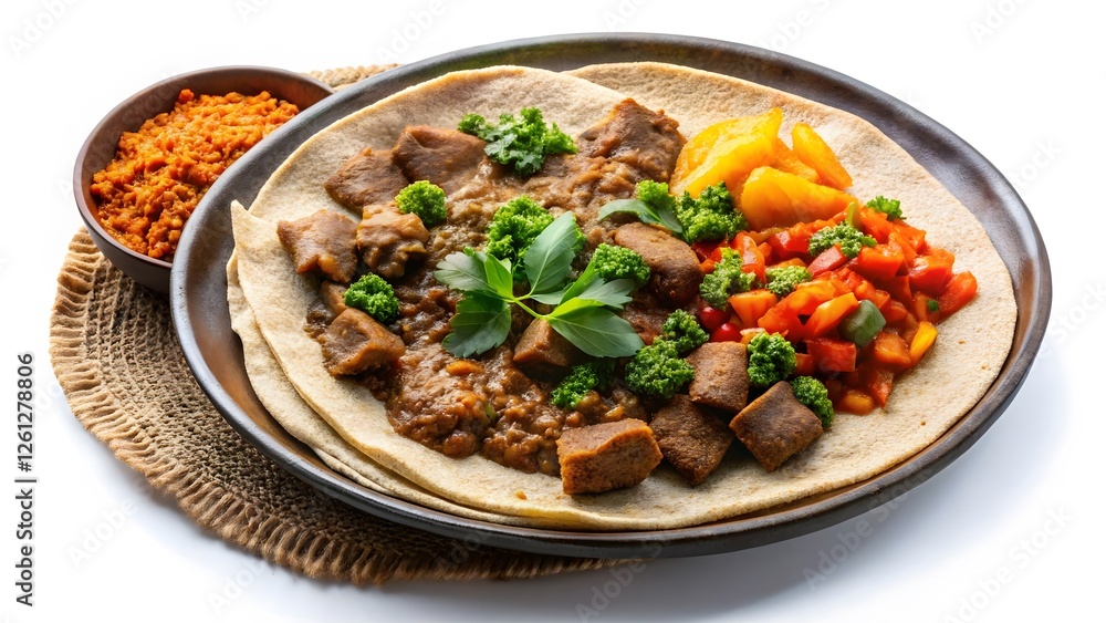 Ethiopian Food, Injera with Wat and Vegetables Ethiopian Food, Injera with Wat and Vegetables