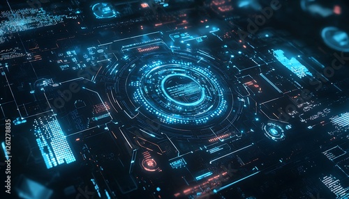Composite image blue technology interface with binary code, symbolizing futuristic data systems