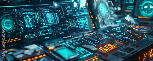 Computer and devices displayed on a futuristic interface, highlighting global network communication and multimedia technology