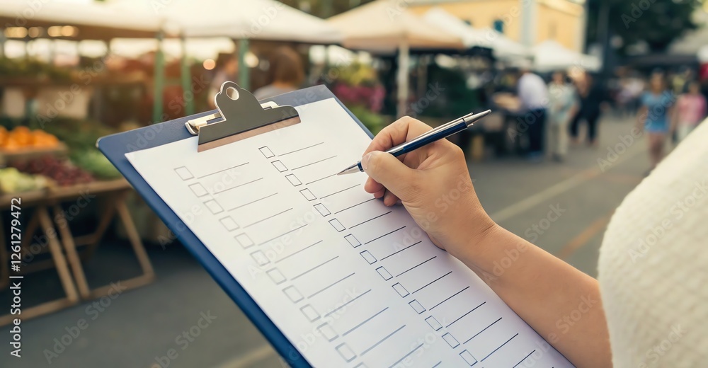 Person checking list on clipboard at outdoor market, hand making notes, organizing tasks.