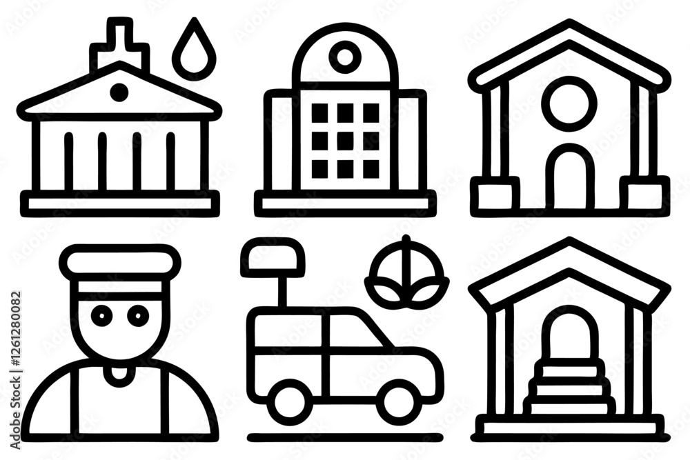 Obraz premium Public Services Line Icon Set – Court, Education, Water, Electricity, Transport & More, Public services line icon set featuring court, education, water, electricity, transport & more.