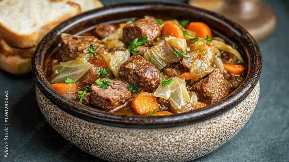 Hearty winter stew with cabbage, carrots, and sausages served with fresh bread in a cozy setting Hearty winter stew with cabbage, carrots, and sausages served with fresh bread in a cozy setting