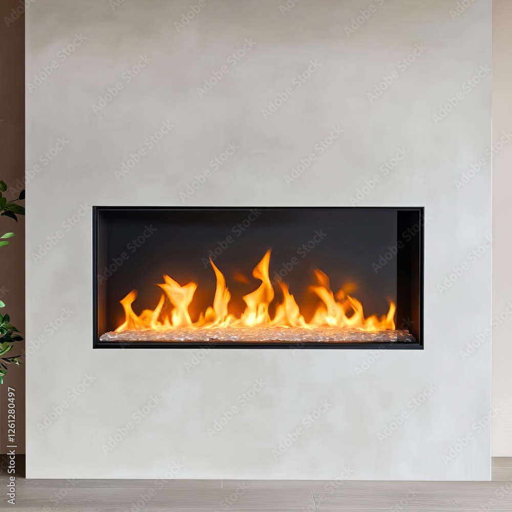 Obraz premium Floating wall-mounted fireplace with a slim design and ambient LED lighting