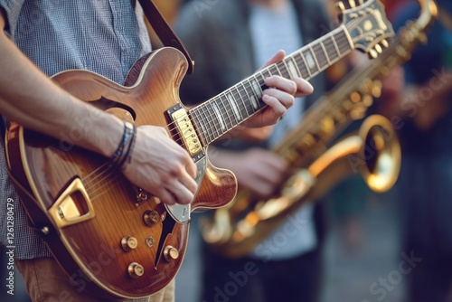 A Musician Playing a Hollow-Body Electric Guitar in a Band