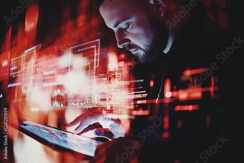 Concept virtual diagrams, graphs, and digital display interfaces, with a man using an electronic tablet in a blurred business setting