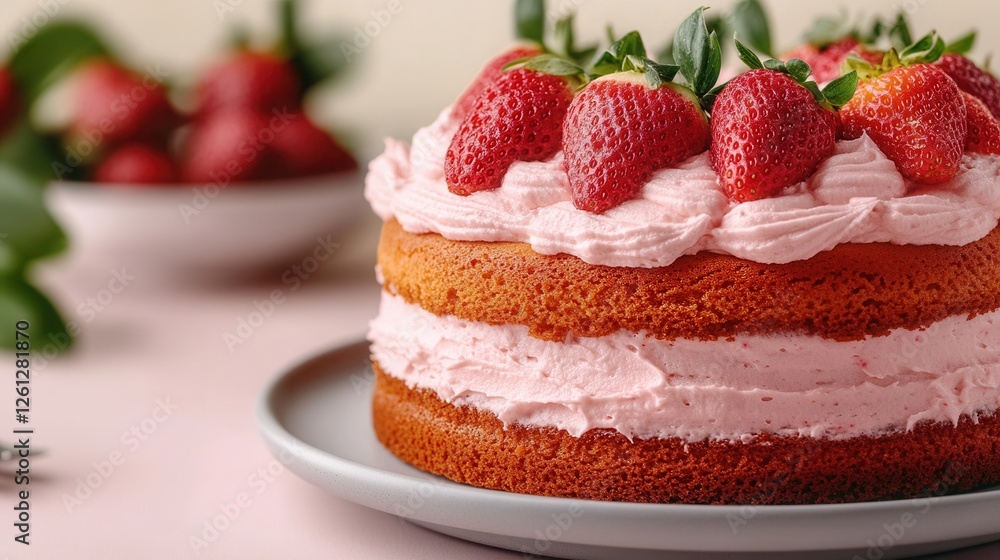 Minimalist strawberry cake with pastel frosting and fresh strawberries arranged on a grey plate in a cozy indoor setting Minimalist strawberry cake with pastel frosting and fresh strawberries arranged on a grey plate in a cozy indoor setting