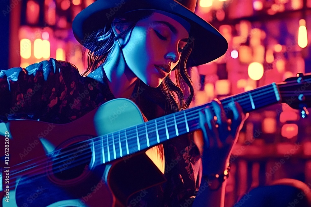 Obraz premium Young female musician passionately playing guitar in a vibrant pub