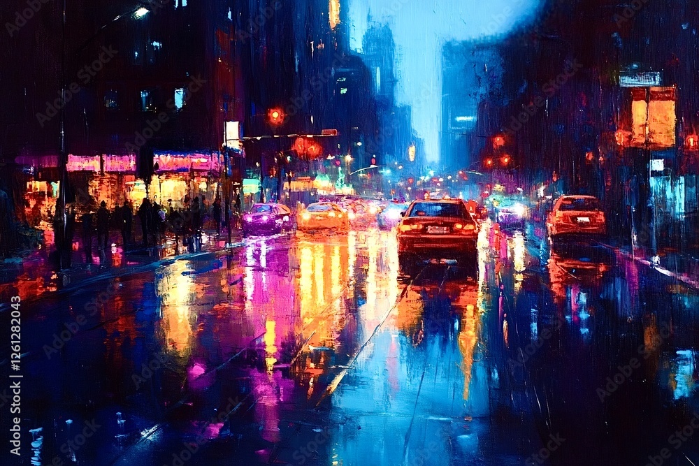 Fototapeta premium City traffic reflecting on wet asphalt at night