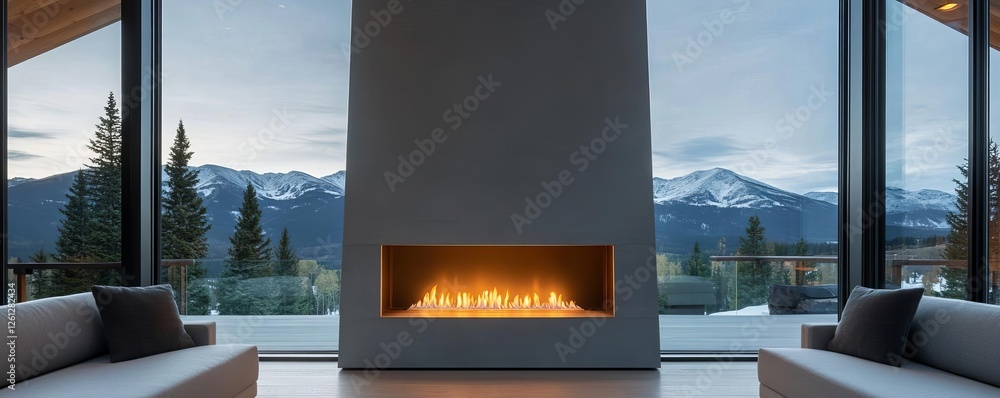 Fototapeta premium Luxury cabin with a modern, sculptural fireplace against a glass window