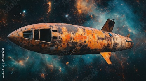 Wallpaper Mural A futuristic, rusty, and damaged battleship floating in a vibrant cosmic space background filled with stars and nebulae Torontodigital.ca