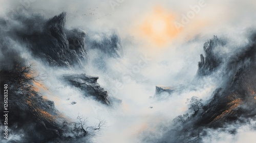 A Misty Valley Landscape Painting with Birds and Golden Light, landscape painting, misty valley