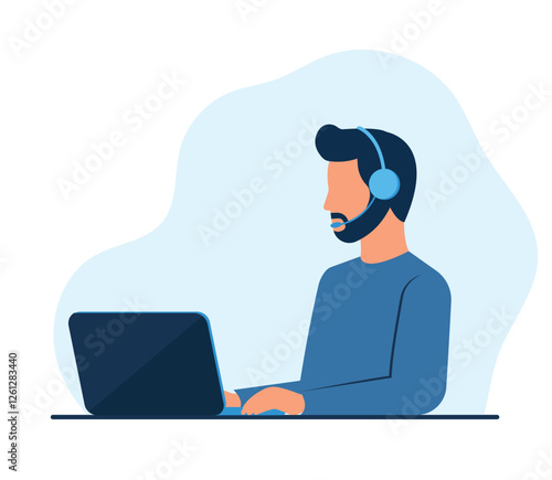 Hotline worker - man with laptop and headphones.