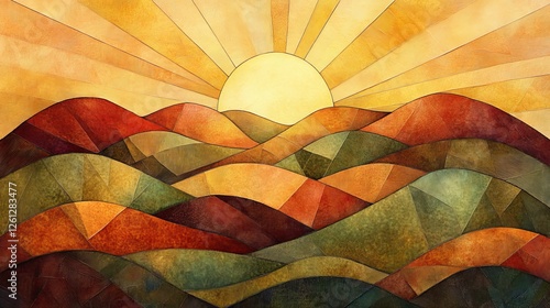 Abstract Sun Rise Over Hills - Mosaic Art, abstract art, digital art