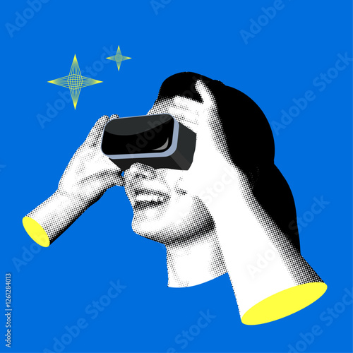 Halftone woman with VR glasses. Virtual reality goggles. Concept of futuristic lifestyle. Modern collage. Future digital technologies