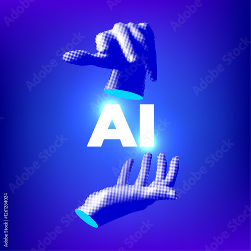 Modern collage with halftone hands holding AI letters. Concept of artificial intelligence management. Idea generation. Future technologies