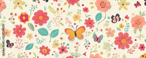 Wallpaper Mural Vibrant Floral and Butterfly Pattern with Hand Painted Illustration, Seamless, Nature, Spring , floral pattern, butterfly, hand painted Torontodigital.ca