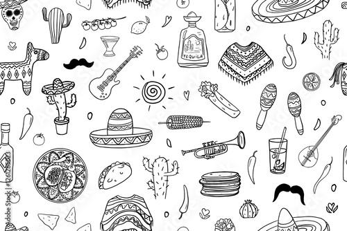Seamless pattern of mexican culture. Nachos, takos, burrito, tomato, corn, cactus, hat, tequila, sombrero, lemon, tortilla, chili pepper, maracas. Hand drawn. Doodle