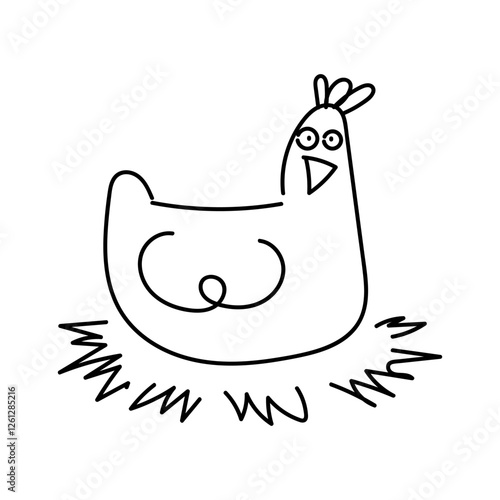 A line illustration of a hen sitting in a nest. Doodle chicken. Isolated on white