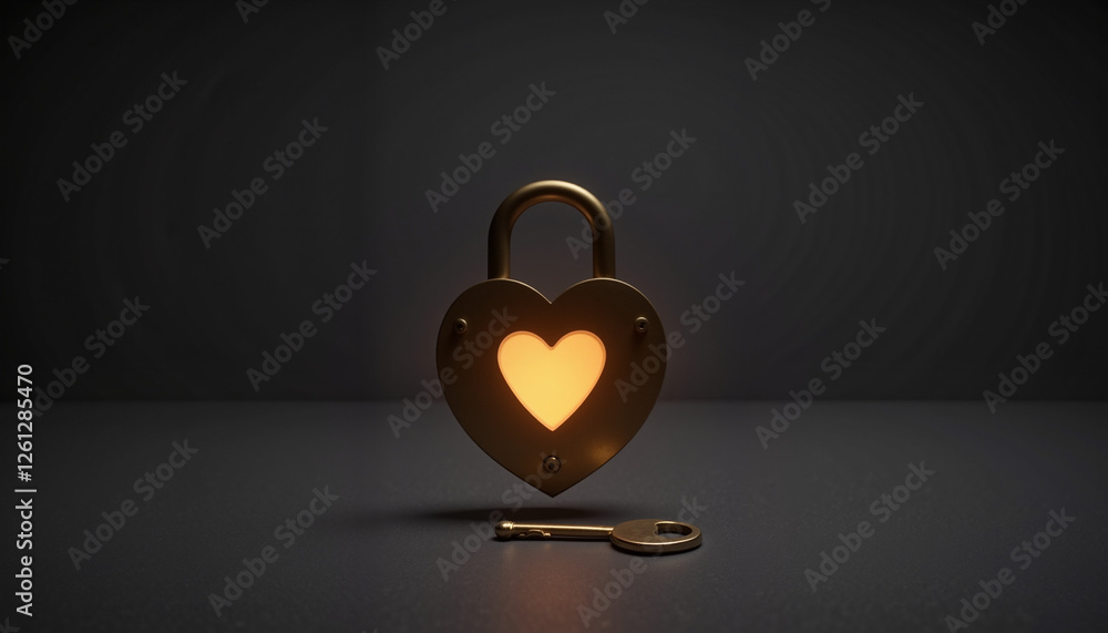 Obraz premium Heart-shaped lock with glowing heart and key on dark background