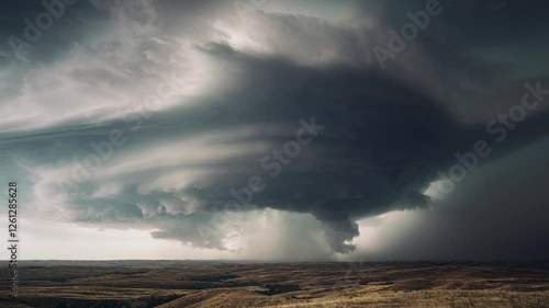 tornado supercell storm rolls through the plain with lighting