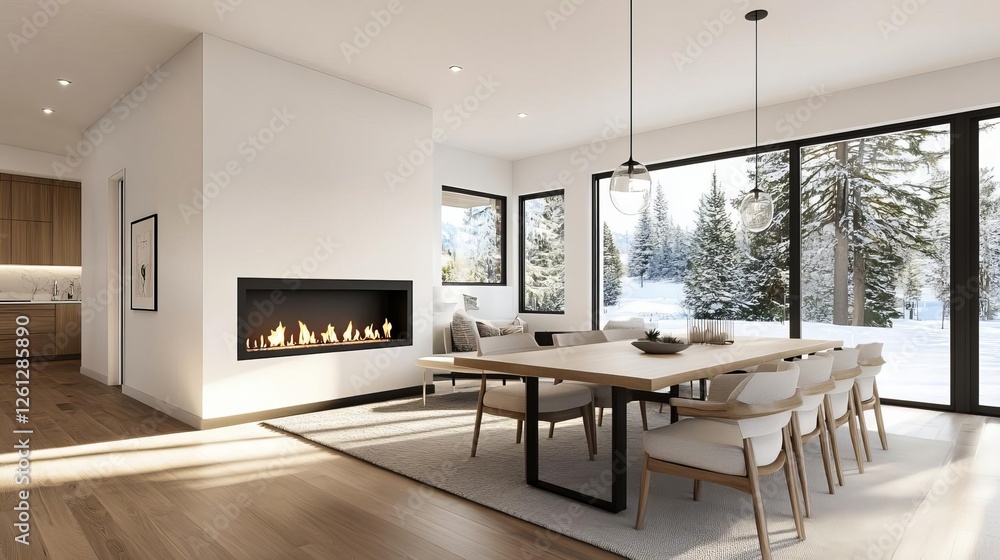 Fototapeta premium Modern open-concept fireplace between the living and dining area, stylish ambiance