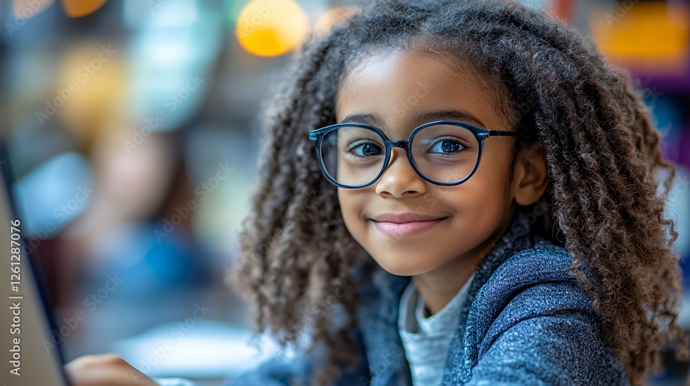 Young Girl With Curly Hair Wearing Glasses Smiles While Using a Laptop in a Cozy Indoor Environment Young Girl With Curly Hair Wearing Glasses Smiles While Using a Laptop in a Cozy Indoor Environment